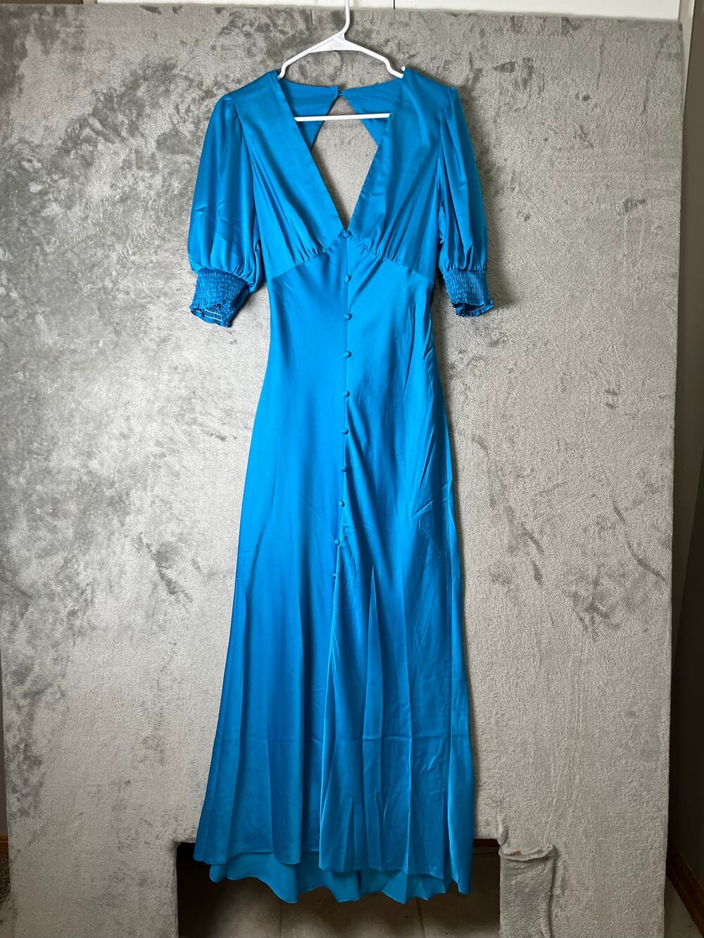 Petal + Pup Satin Maxi Dress Blue Open Back Puff Sleeve Formal Wedding‎ Med New